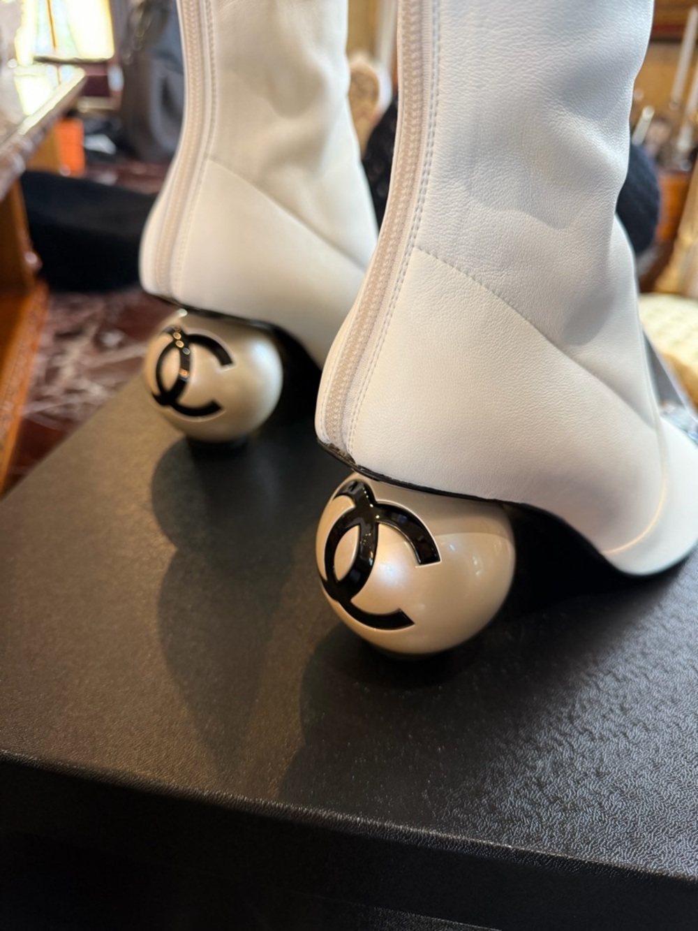 CHANEL White Over-the-Knee Boots with Black Cap Toe and Pearl Heel - Picture 4 of 5